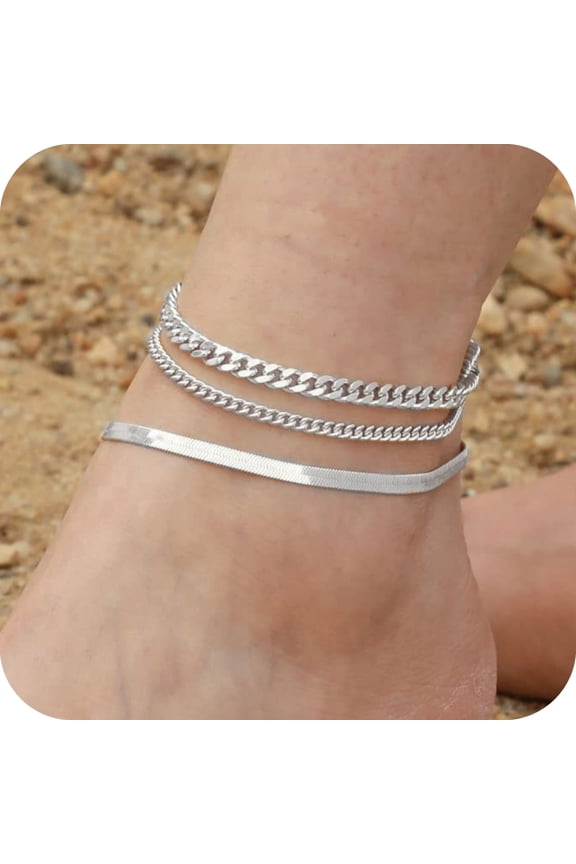 Minimalist Layered Infinity Ankle Bracelets 14K Silver Plated Filled Dainty Beaded Cute Beach Foot Chain Jewelry for Women