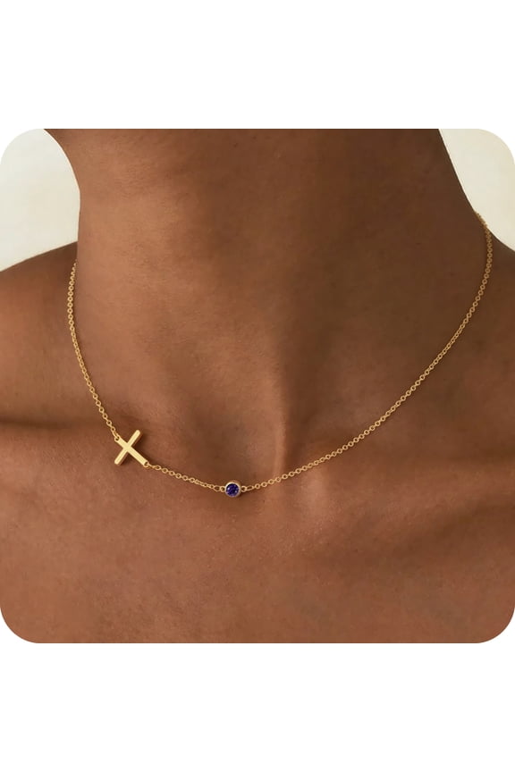 Cross Birthstone Necklace for Women 14K Gold Plated Disc Birthstone Pendant Necklaces Birthday Gifts for Mom Girlfriend Wife