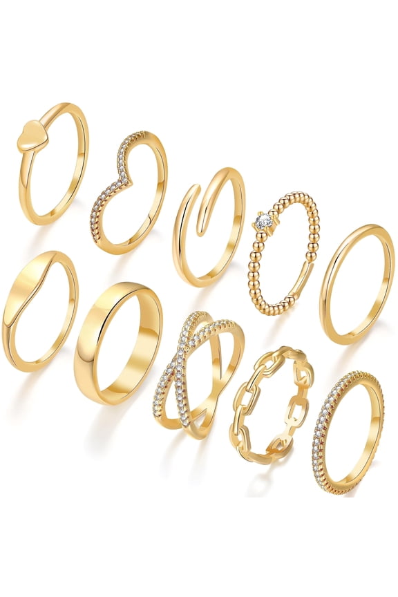10PCS Gold Plated Rings Set for Women Dainty Stacking Cubic Zirconia Thumb Engagement and Wedding Ring Jewelry Accessories Comfort Fit with Size 6/7/8/9/10