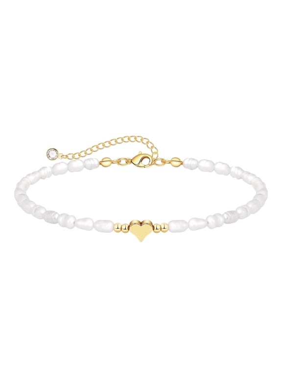 14k Gold Plated Bracelet for Women Dainty Simple Simulated Pearl Heart Bracelet Everyday Jewelry Gift