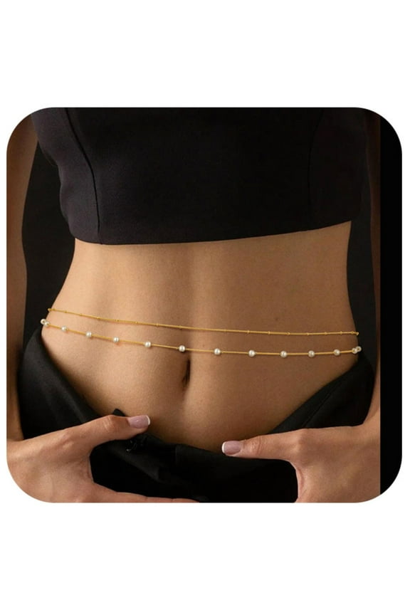 2PCS 14K Gold Plated Waist Chains for Women Beads Pearl Satellite Figaro Belly Body Chain Adjustable Layered Sexy Waist Chains Bikini Summer Beach Everyday Jewelry Gifts for Women