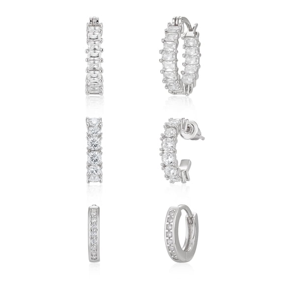 GOSFRY 3 Pairs CZ Layered Hoop Earring Set for Women, Rectangle & Round Cubic Zirconia Stackable Earrings for Multiple Piercings