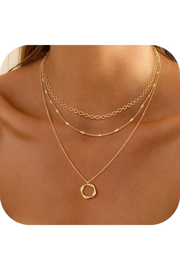 14K Gold Plated Layered Necklace Set for Women Dainty Paperclip Chain Stackable Circle Pendant Perfect Jewelry Gifts