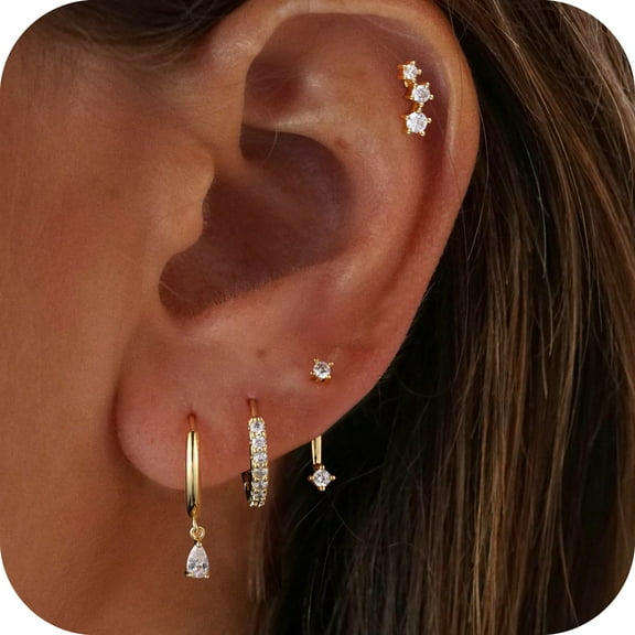 GOSFRY Gold/Silver Earrings for Women, Sterling Silver Plated Dainty Stud Huggie Hoop Multiple Small Dangle Cartilage Earring Sets