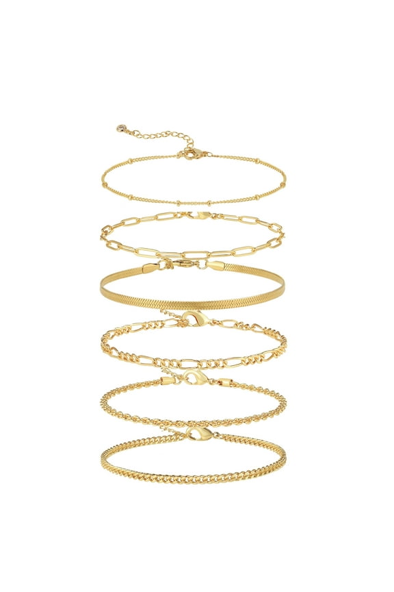 6 PCS 14k Plated Gold Layered Anklet for Women Set Herringbone Paperclip Beaded Figaro Cuban Stackable Beach jewelry Gifts