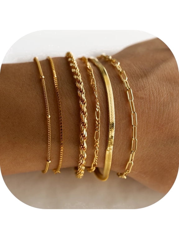 6‑Pcs Bracelet Stack Set for Women Dainty 14K Gold Plated Layered Waterproof Chain Trendy Jewelry Gifts