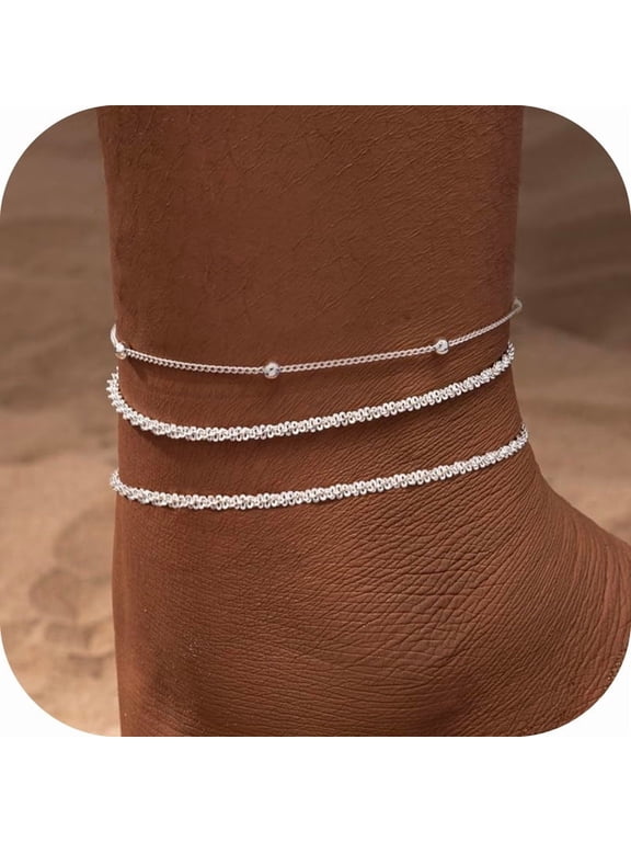 Ankle Bracelets for Women Waterproof 14k Silver Plated Beach Summer Cuban Link Heart Beads Herringbone Rhinestone Layered Anklets SetJewelry Gift