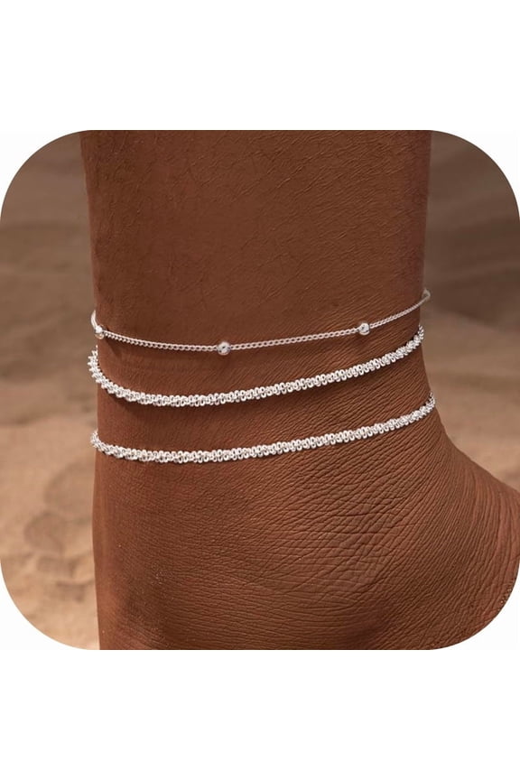 Ankle Bracelets for Women Waterproof 14k Silver Plated Beach Summer Cuban Link Heart Beads Herringbone Rhinestone Layered Anklets SetJewelry Gift