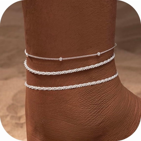 GOSFRY Ankle Bracelets for Women Waterproof 14k Silver Plated Beach Summer Cuban Link Heart Beads Herringbone Rhinestone Layered Anklets SetJewelry Gift