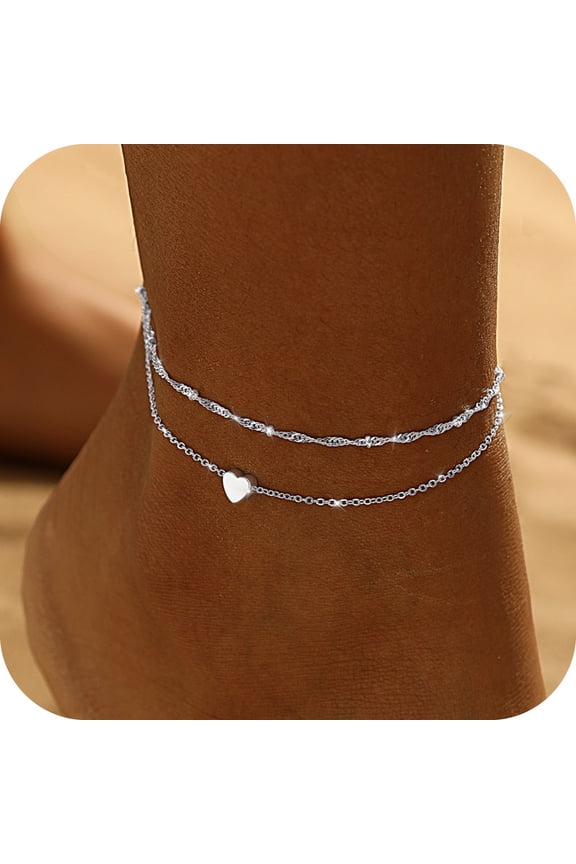 Ankle Bracelets for Women Waterproof 14k Silver Plated Beach Summer Cuban Link Heart Beads Herringbone Rhinestone Layered Anklets SetJewelry Gift