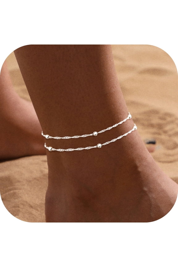 Ankle Bracelets for Women Waterproof 14k Silver Plated Beach Summer Cuban Link Heart Beads Herringbone Rhinestone Layered Anklets SetJewelry Gift