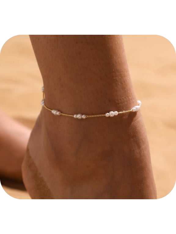 Anklets Bracelet for Women 14k Gold Plated Simulated Pearl Anklet Boho Minimalist Dainty Summer Beach Jewelry Gifts
