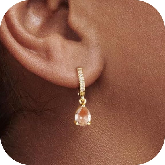 GOSFRY Birthstone Hoop Earrings for Women 14K Gold Plated Teardrop Birthstone Dangle Earrings Personalized Charm Minimalist Jewelry Birthday Gifts