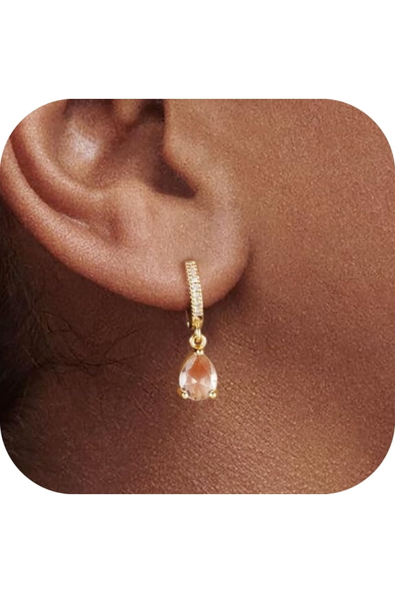 Birthstone Hoop Earrings for Women 14K Gold Plated Teardrop Birthstone Dangle Earrings Personalized Charm Minimalist Jewelry Birthday Gifts