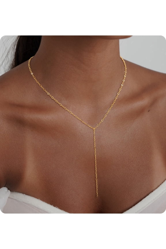 Lariat Necklace Dainty Y-Shape Necklace for Woman - 14K Gold Plated Minimalist Pendant Chain Jewelry, Elegant Gift for Anniversary
