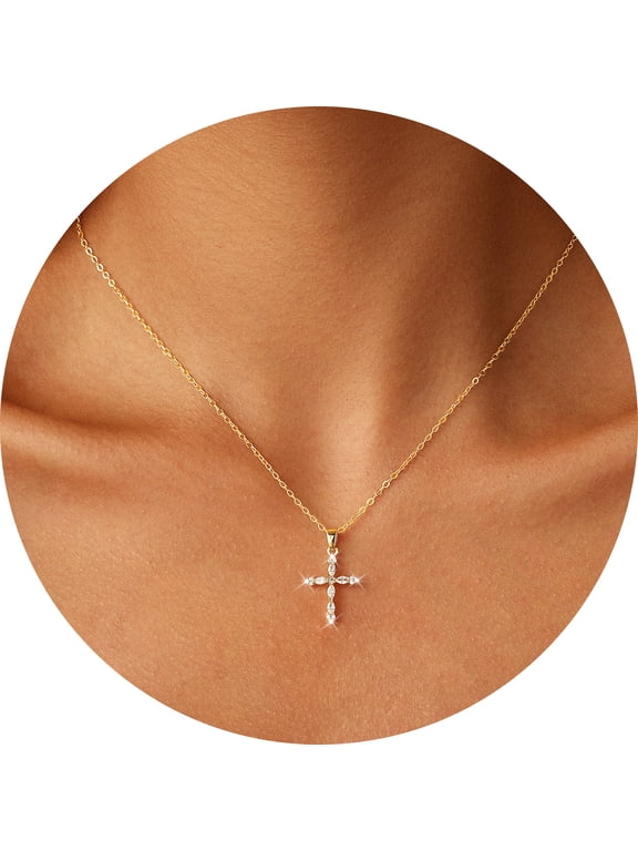 Cross Necklace for Woman Dainty Fashion 14K Real Gold Plated Zircon Cross Necklace Simple Small Cute Aesthetic Non Tarnish Waterproof Necklaces Easter Christian Religious Faith Jewelry Gifts