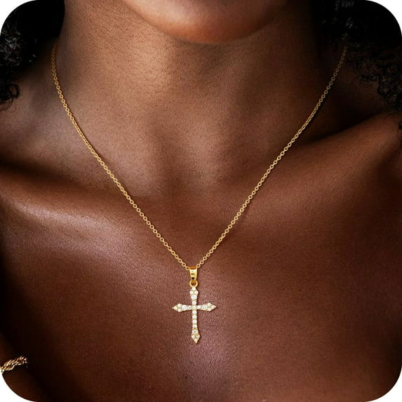 GOSFRY Cross Necklace for Woman Dainty Fashion 14K Real Gold Plated Zircon Cross Necklace Simple Small Cute Aesthetic Non Tarnish Waterproof Necklaces Easter Christian Religious Faith Jewelry Gifts