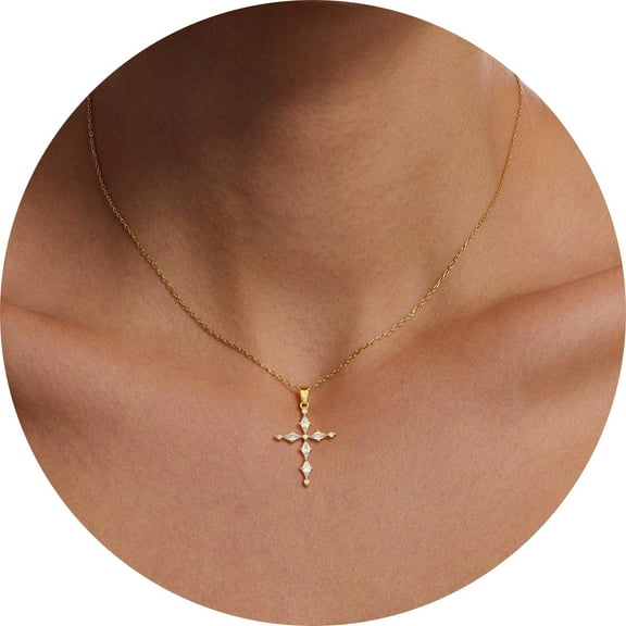 GOSFRY Cross Necklace for Woman Dainty Fashion 14K Real Gold Plated Zircon Cross Necklace Simple Small Cute Aesthetic Non Tarnish Waterproof Necklaces Easter Christian Religious Faith Jewelry Gifts