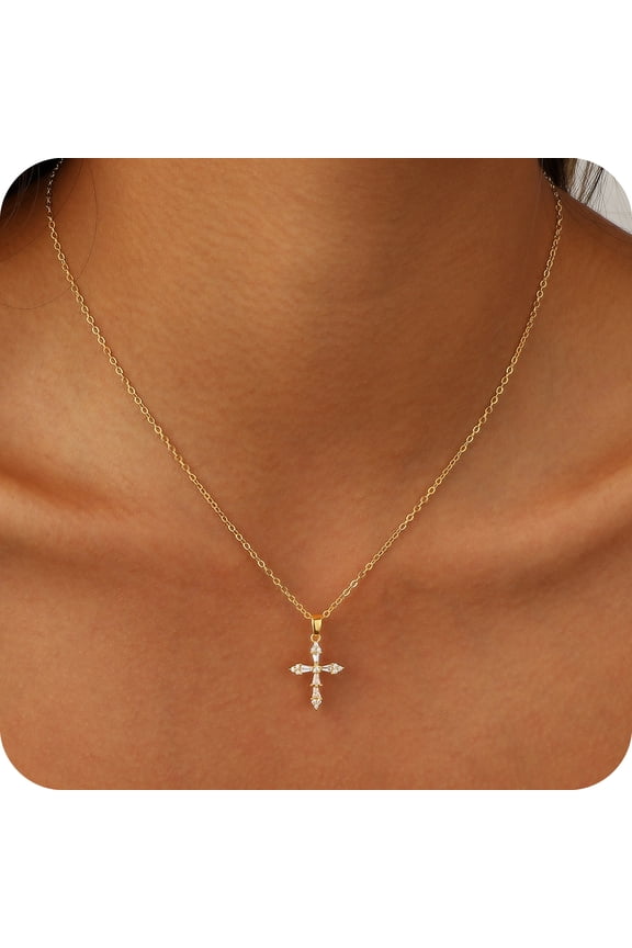 Cross Necklace for Woman Dainty Fashion 14K Real Gold Plated Zircon Cross Necklace Simple Small Cute Aesthetic Non Tarnish Waterproof Necklaces Easter Christian Religious Faith Jewelry Gifts