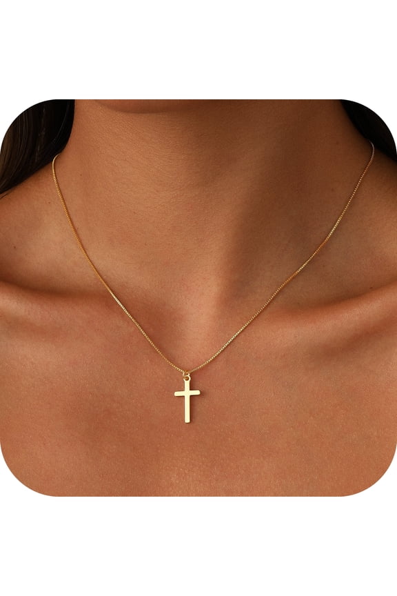 Cross Necklace for Women 14K Real Gold Plated Dainty Small Cross Pendant Choker Simple Trendy Cute Easter Religious Faith Jewelry Gift