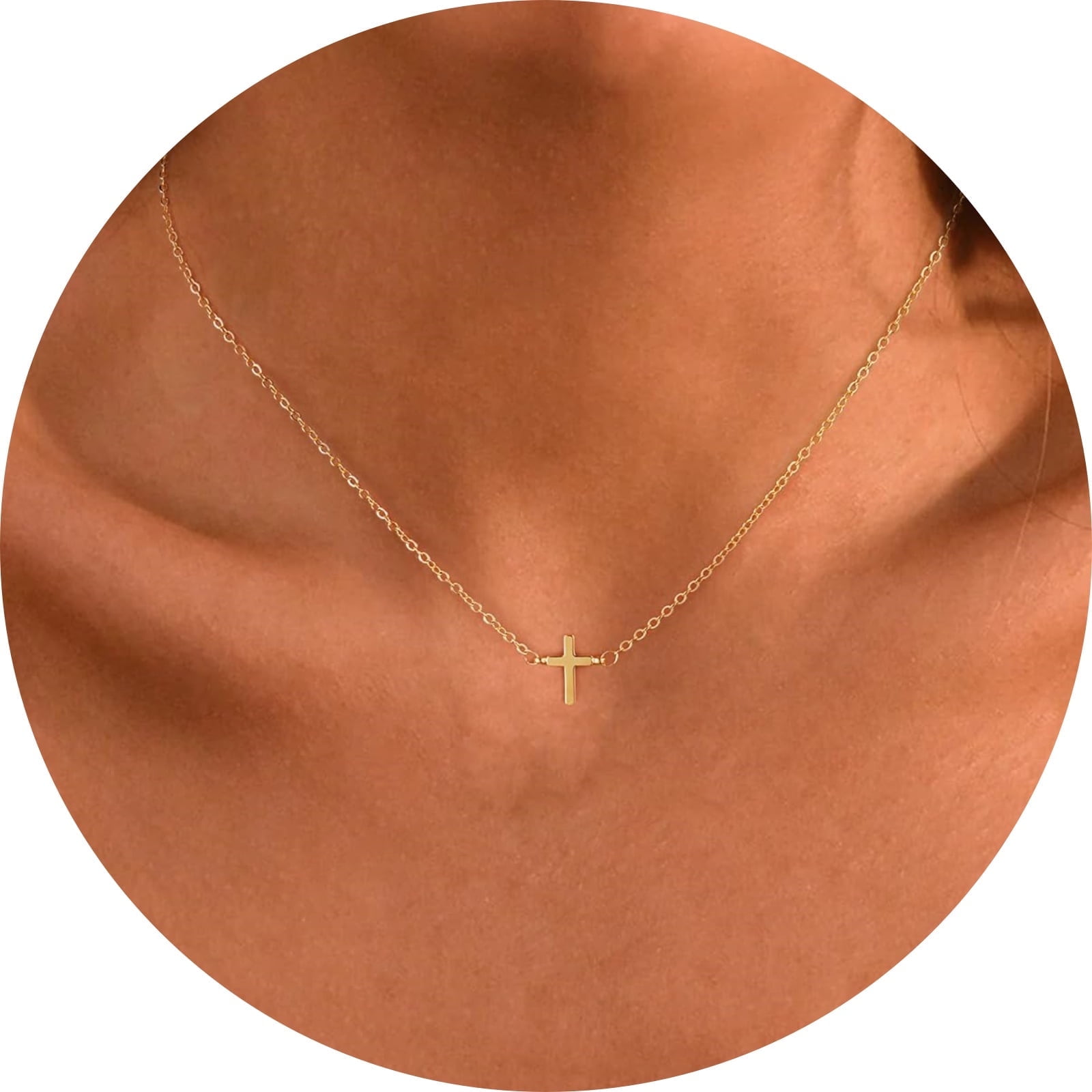 GOSFRY Cross Necklace for Women ,14K Gold Plated Sideways Set
