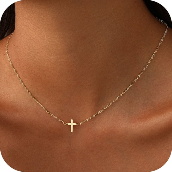 GOSFRY Cross Necklace for Women ,14K Gold Plated Sideways Set Dainty Simple Cross Choker Trendy Cute Pendant Chain Faith Jewelry Gift