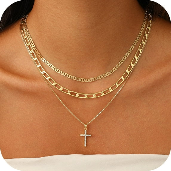 GOSFRY Gold Plated Cross Necklace for Women,Stackable Layered Necklaces Dainty Paperclip Box Flat Mariner Chain Cross Pendant CZ Simple Jewelry Gift