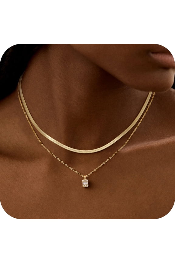 Layered Necklace for Woman 14K Gold Plated Dainty Herringbone Trendy Zirconia Pendant Choker Daily Outfit Jewelry Gift
