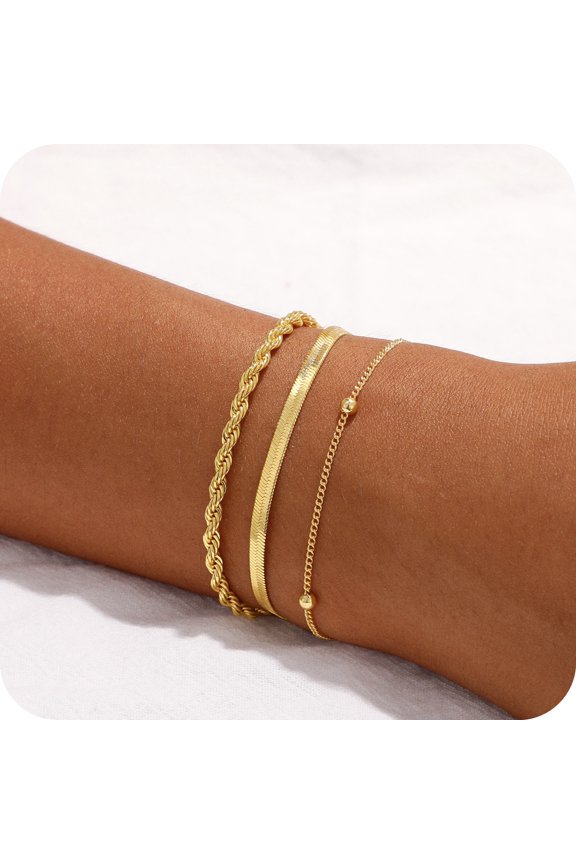 Dainty 3 Layered Bracelet for Women 14K Gold Plated Bracelet Set Layering Bracelets Simple Satellite Box Coins Beaded Layering Set Jewelry Gift