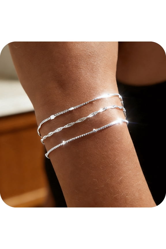 Dainty Silver Plated 3 Layered Bracelet for Women 14k Silver Plated Set Simple Satellite Box Coins Beaded Jewelry Gift