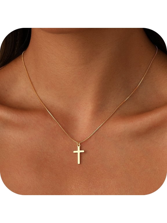 Dainty Small Cross Necklace for Women 14K Gold Plated Box Chain Cute Tiny Smooth Cross Pendant Trendy Jewelry Gifts