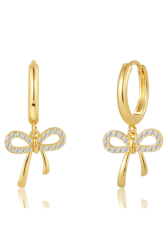 Dangle Bow Earrings for Women 14k Gold Plated Huggie Hoop Drop Stud Pearl Earrings Trendy Cute Small Hypoallergenic Wedding Birthday Jewelry Gifts