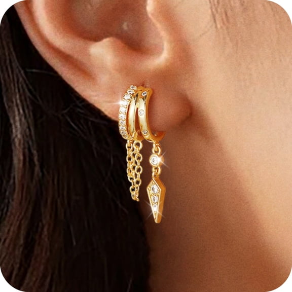 GOSFRY Dangle Earrings for Women,14k Gold Plated Triple Huggie Stud Cute Statement Chain Earring Dainty Drop Earrings for Women Trendy Gold Plated Jewelry