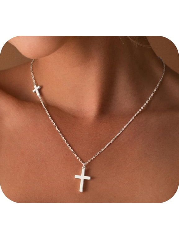 Double Cross Necklace for Women , Dainty 14K Silver Plated Cross Choker Charm Non Tarnish Waterproof Cute Simple Small Necklace Jewelry Gifts