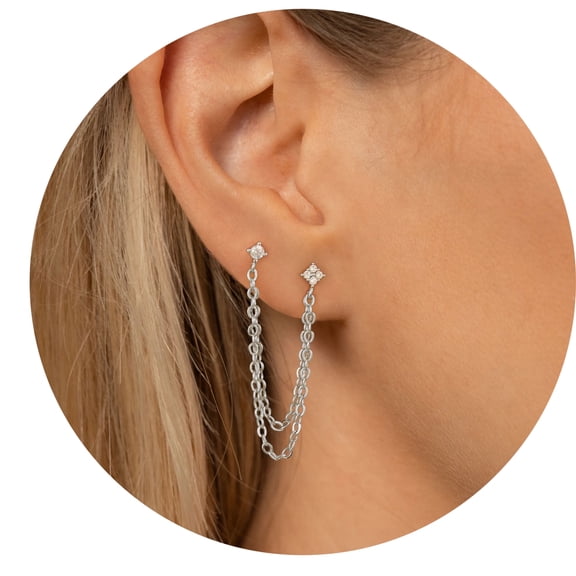 GOSFRY Double Piercing Zircon Stud Earrings for Women,Hypoallergenic Sets for Multiple Piercing Stering Silver/Gold Plated Chain Earrings Jewelry for Gift