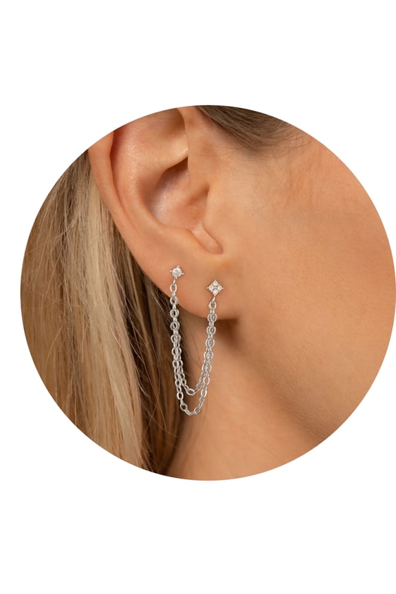 Double Piercing Zircon Stud Earrings for Women,Hypoallergenic Sets for Multiple Piercing Stering SilverGold Plated Chain Earrings Jewelry for Gift