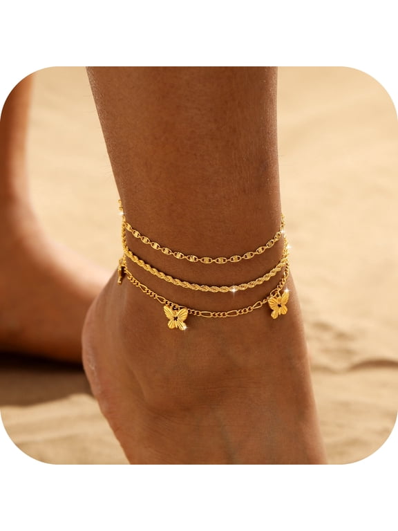 Waterproof Ankle Bracelets for Women 14k Gold Plated Anklet Set Stackable Dainty Summer Beach Gifts