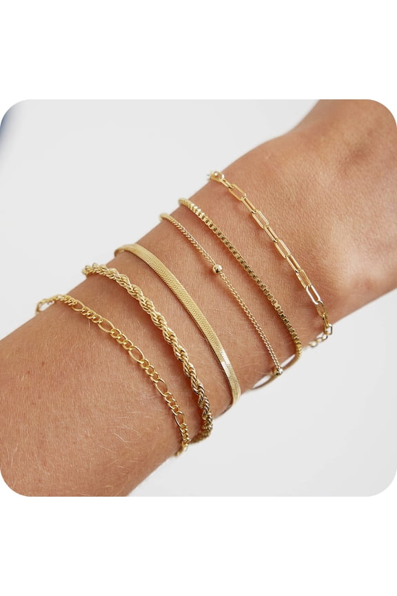 6PCS Bracelets for Women 14K Gold Plated Trendy Dainty Layered Stacking Jewelry Set Gifts