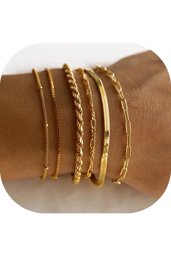 14K Gold Platd Layered Bracelets for Women, 6 Pcs Stackable Paperclip Figaro Chain Bracelet Set Cute Trendy Dainty Gold Plated Jewelry Gifts