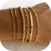 GOSFRY 14K Gold Platd Layered Bracelets for Women, 6 Pcs Stackable Paperclip Figaro Chain Bracelet Set Cute Trendy Dainty Gold Plated Jewelry Gifts