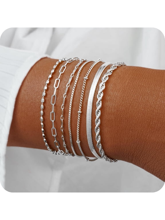 7‑Pcs 14K Sterling Silver‑Plated Bracelet Stack Set for Women Dainty Layered Chain Trendy Jewelry Gifts