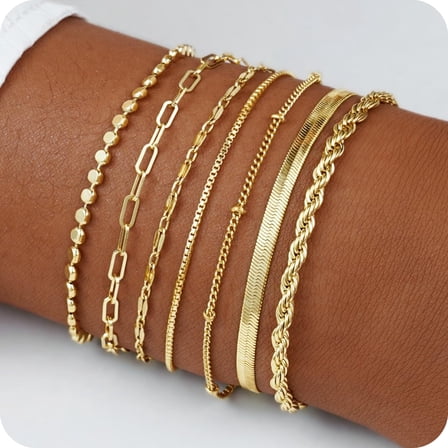 GOSFRY 7PCS Gold Plated Bracelets for Women Stack Set Trendy Stackable Non Tarnish Paperclip Chain Bracelets