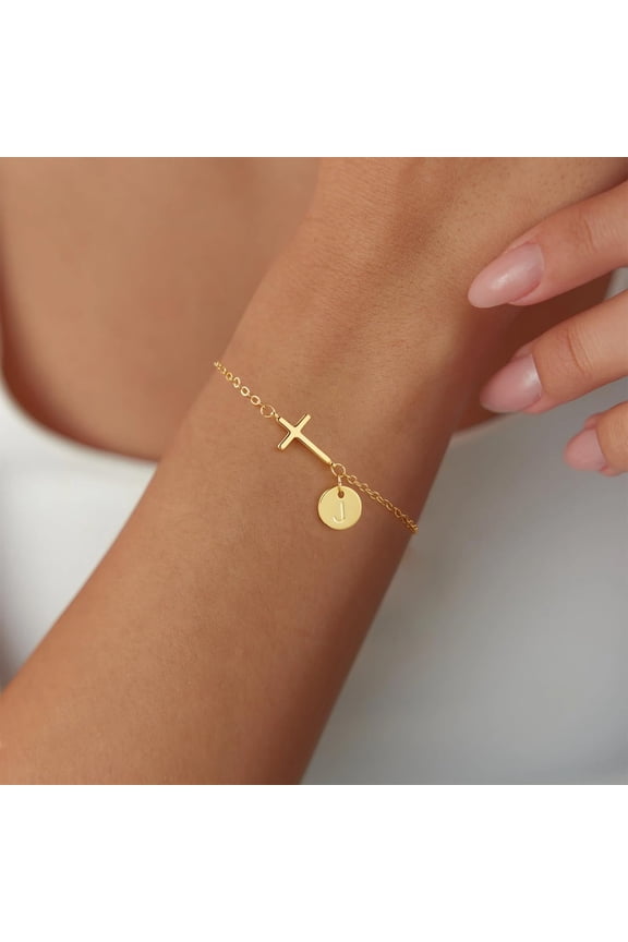 Cross Bracelet for Women Men Dainty Round Letter Tag Paired With Cross Features Christian Faith Simple Birthday Month Customization Jewelry Gifts