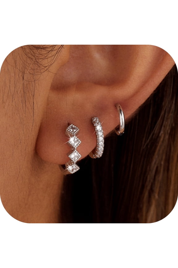 3 Pairs Huggie Hoop Earrings for Women 14k Sterling Silver‑Plated Multi-Style Hypoallergenic Earring Set for Multiple Piercing Jewelry Gifts