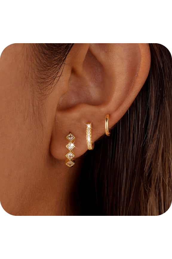 Gold Plated Hoop Earrings Set for Women Trendy Chunky Hypoallergenic Small Cartilage Hoops Cute Cubic Zirconia Earrings Jewelry Gifts