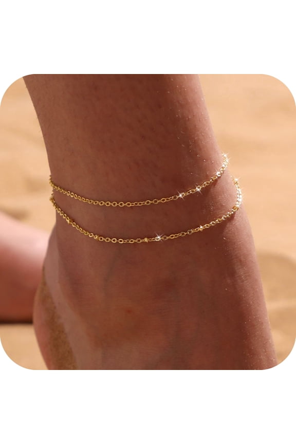 Ankle Bracelets for Women 14K Gold Plated Layering Satellite Link Summer Beach Jewelry Gifts