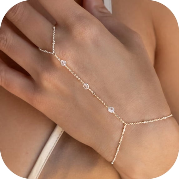 GOSFRY Bracelets for Women,14k Silver Plated Lightweight Dainty Fashion Thin Tennis Bangle Bracelets Stack Set Ring Hand Chain Jewelry Gift For Lover