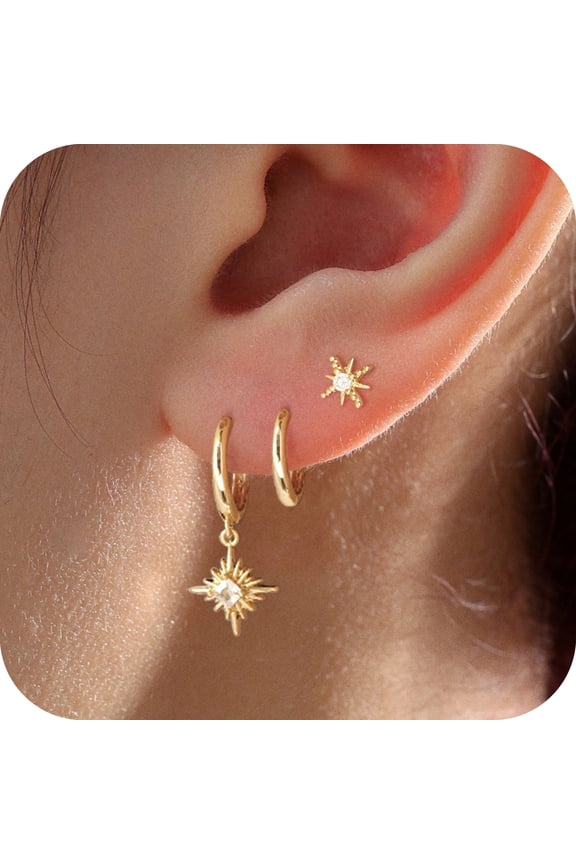 Hoop Earrings Set for Women, Dainty 14K Gold Plated CZ Cartilage Hypoallergenic Stud Huggie Sunflower Pendant Earrings Jewelry Gifts for Men