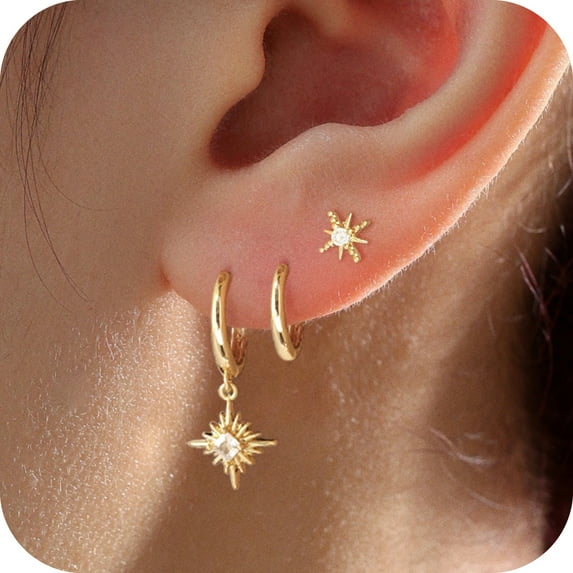 GOSFRY Hoop Earrings Set for Women, Dainty 14K Gold Plated CZ Cartilage Hypoallergenic Stud Huggie Sunflower Pendant Earrings Jewelry Gifts for Men
