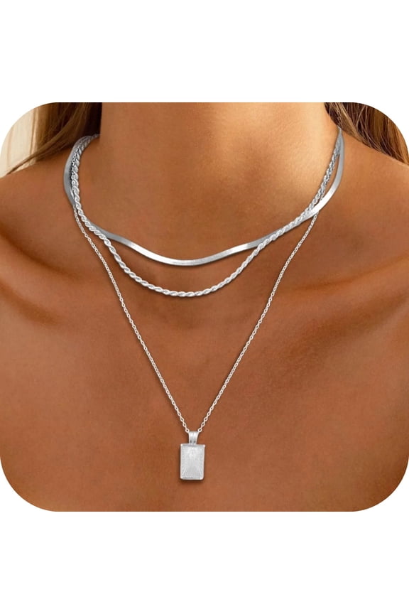 Silver Plated Necklace for Women Necklaces Dainty Layered Necklaces Simple Stackable Pendant Necklaces Herringbone Rope Chain Choker Jewelry